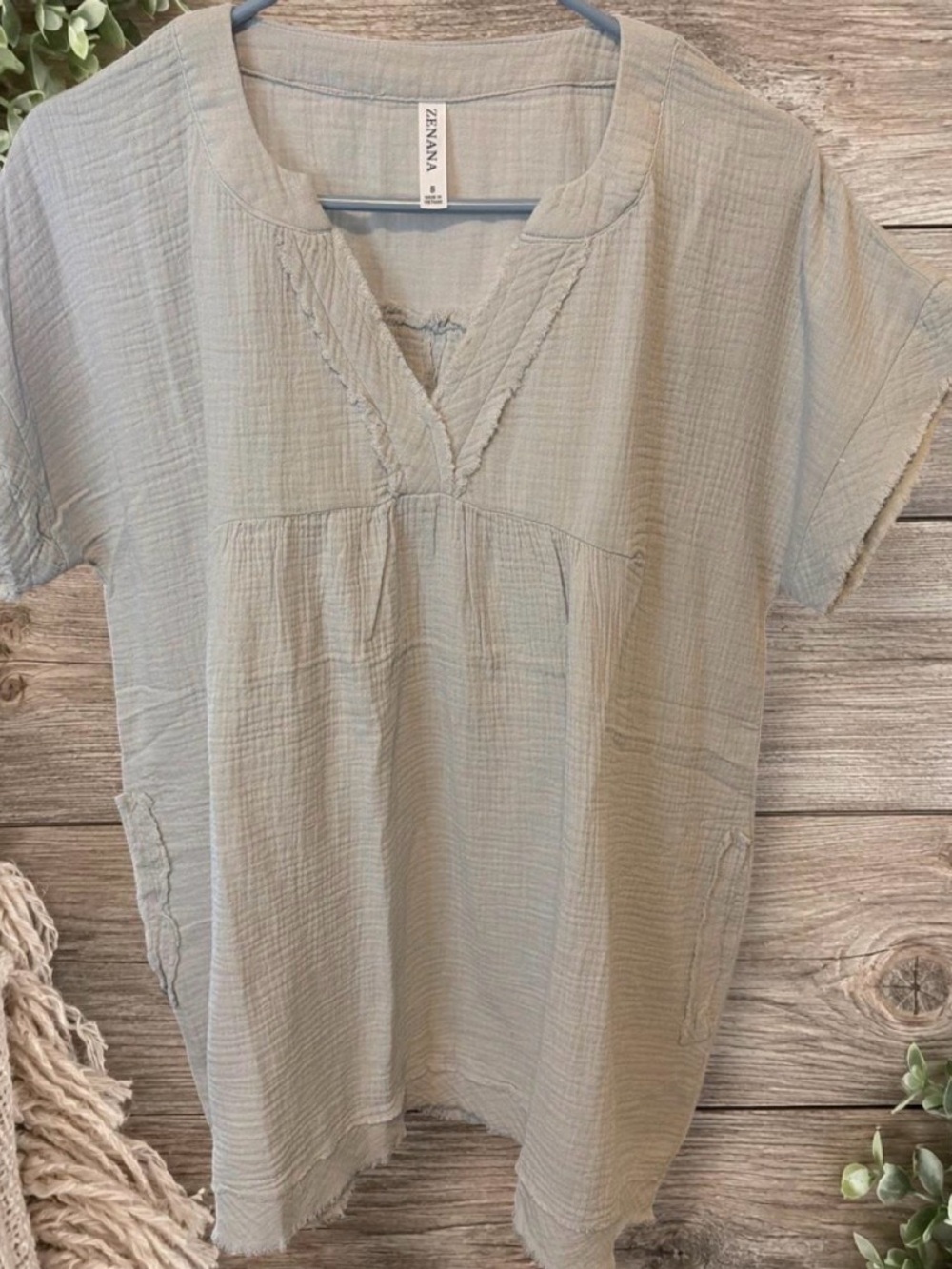 Zenana Outfitters Sage Green Short-Sleeve Gauze Tunic
